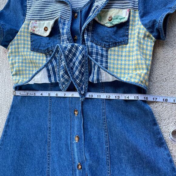 🔥VTG Nina Piccalino Denim Dress Fit & Flare Button Down Patchwork Boho Cottage - Picture 11 of 14